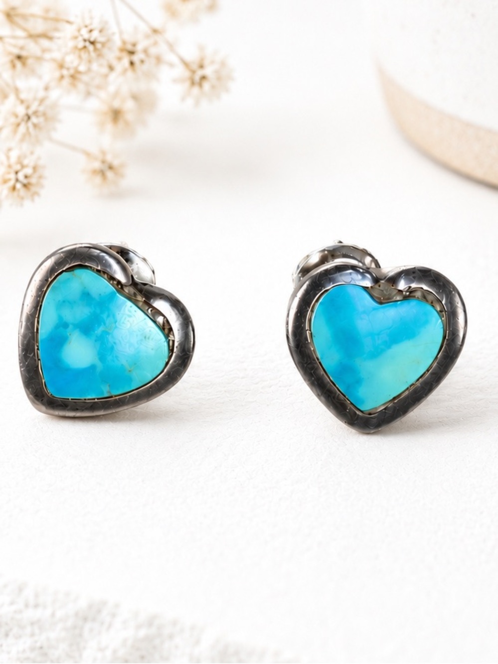 Vintage Southwest Sterling Silver Turquoise Heart Stud Earrings Boho Western